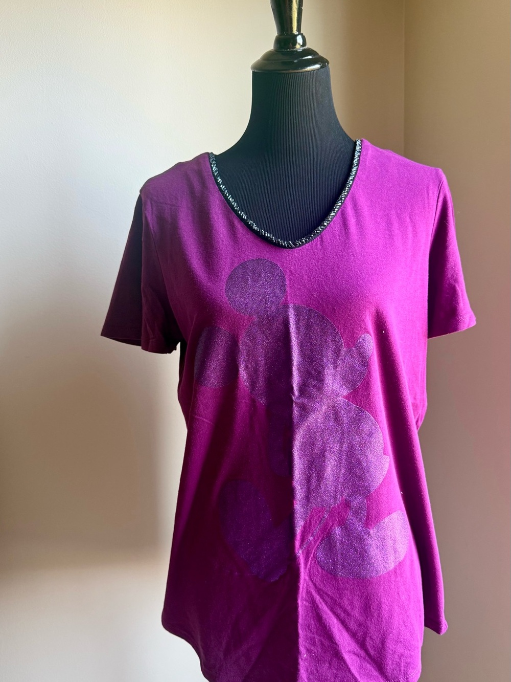 Disney Boutique Embellished V Neck Glittery Mickey Mouse Graphic Tshirt Purple L
